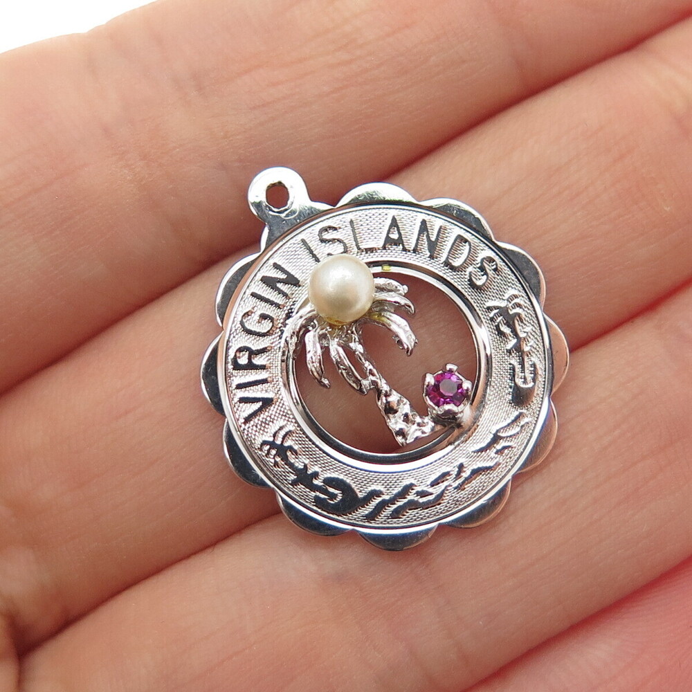 CREA Sterling Silver Vintage Faux Pearl & Rhinestone Virgin Island Charm Pendant